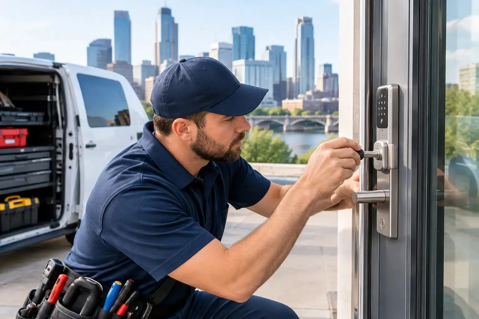Locksmith installing a keypad smart lock on a glass door, with a service van and the Minneapolis skyline behind