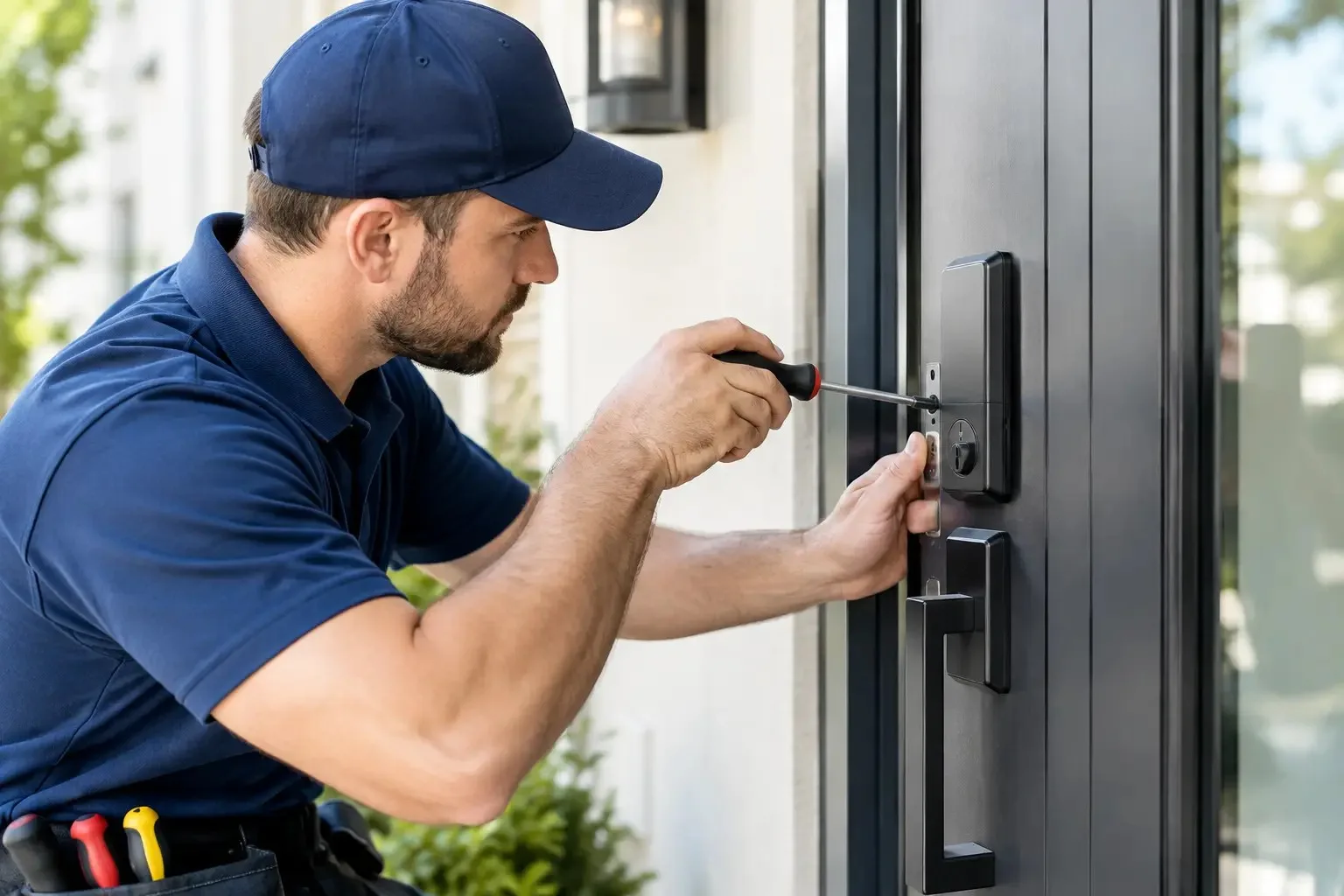 Locksmith in a navy cap using a screwdriver to install a black keypad deadbolt and handle set on a modern front door