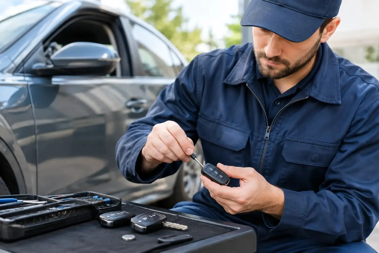Automotive locksmith working on a replacement key fob beside a gray car, with spare flip-key fobs and a coin battery on a mat