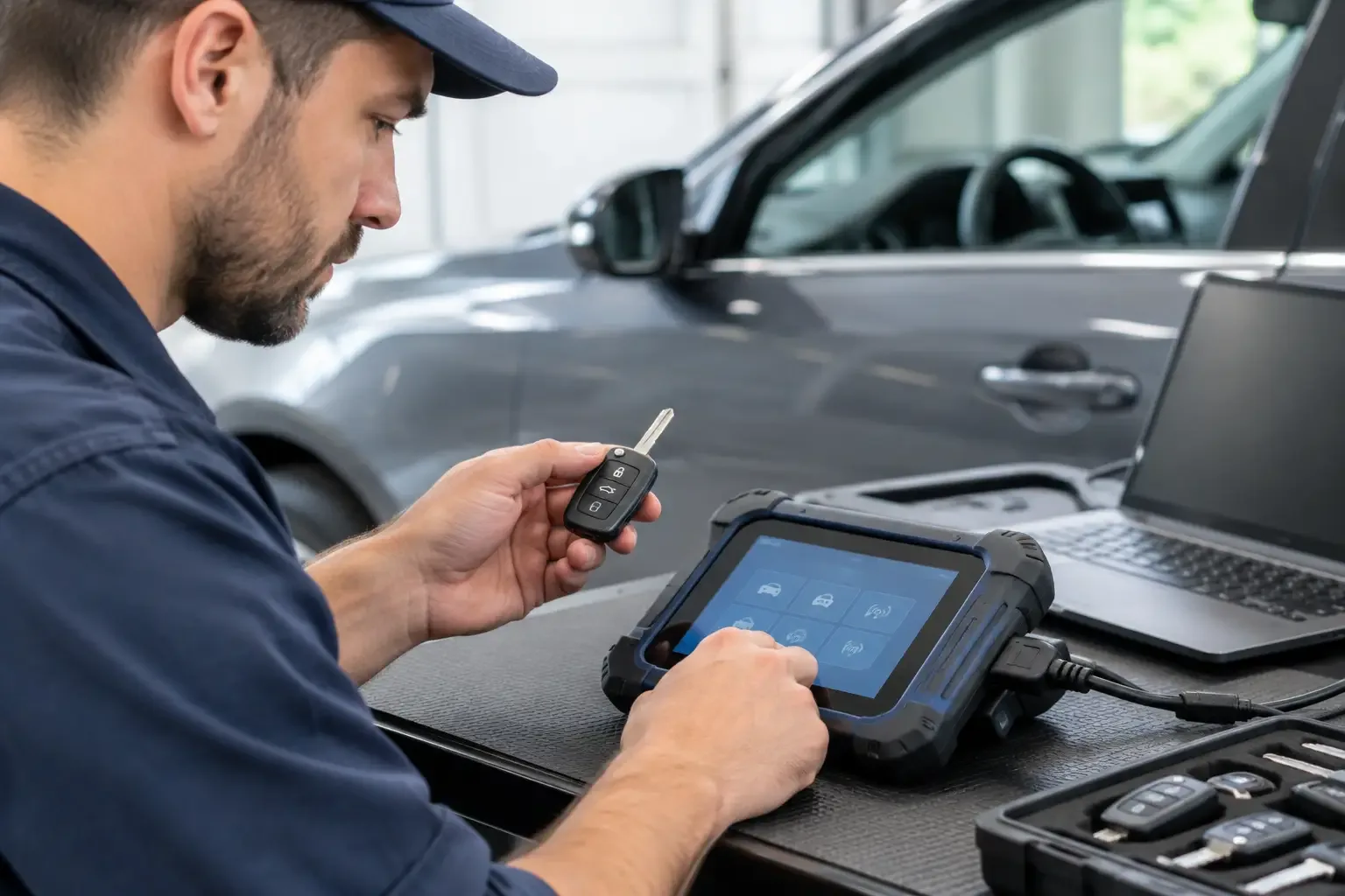 Automotive locksmith programming a flip key fob on a handheld diagnostic tablet beside a gray car, spare fobs in a case