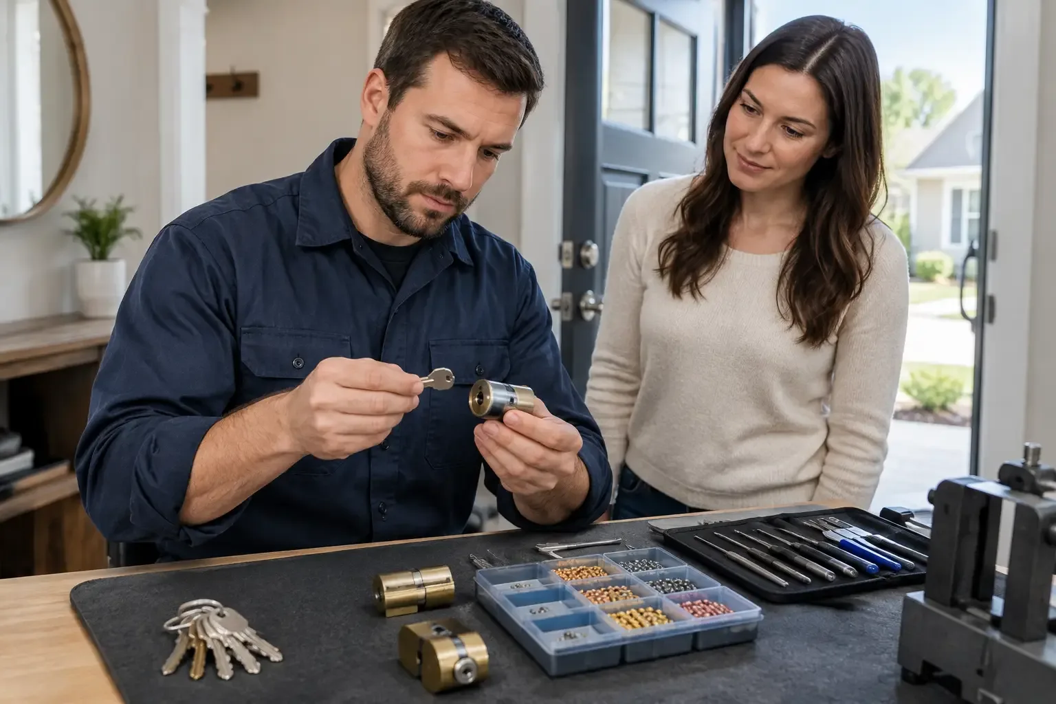  Locksmith rekeying a lock cylinder at a workbench with pins, keys, and tools while a homeowner watches near the front door