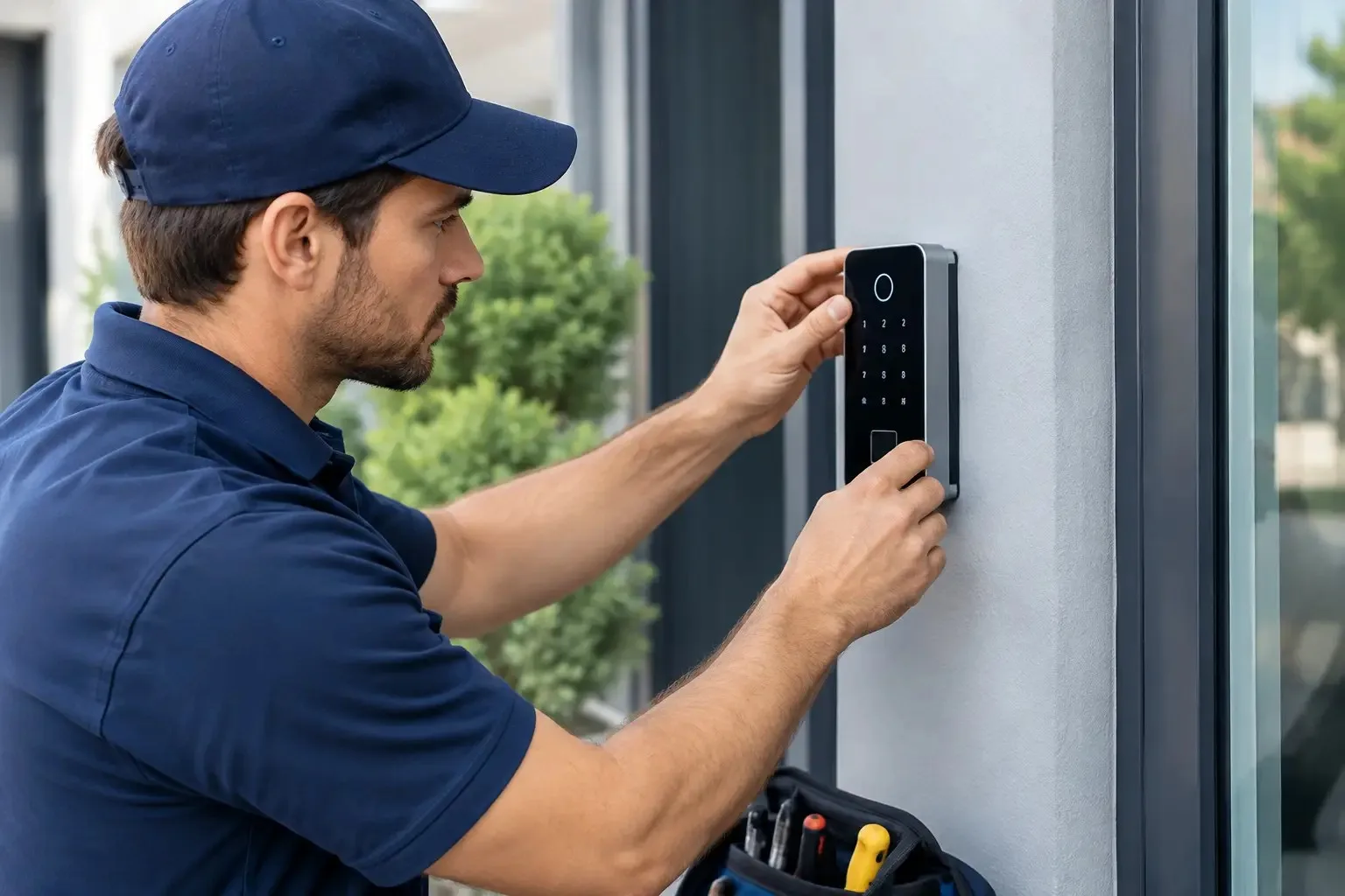 Locksmith in a navy cap and polo installing a keypad access control reader on an exterior wall beside a glass entry door