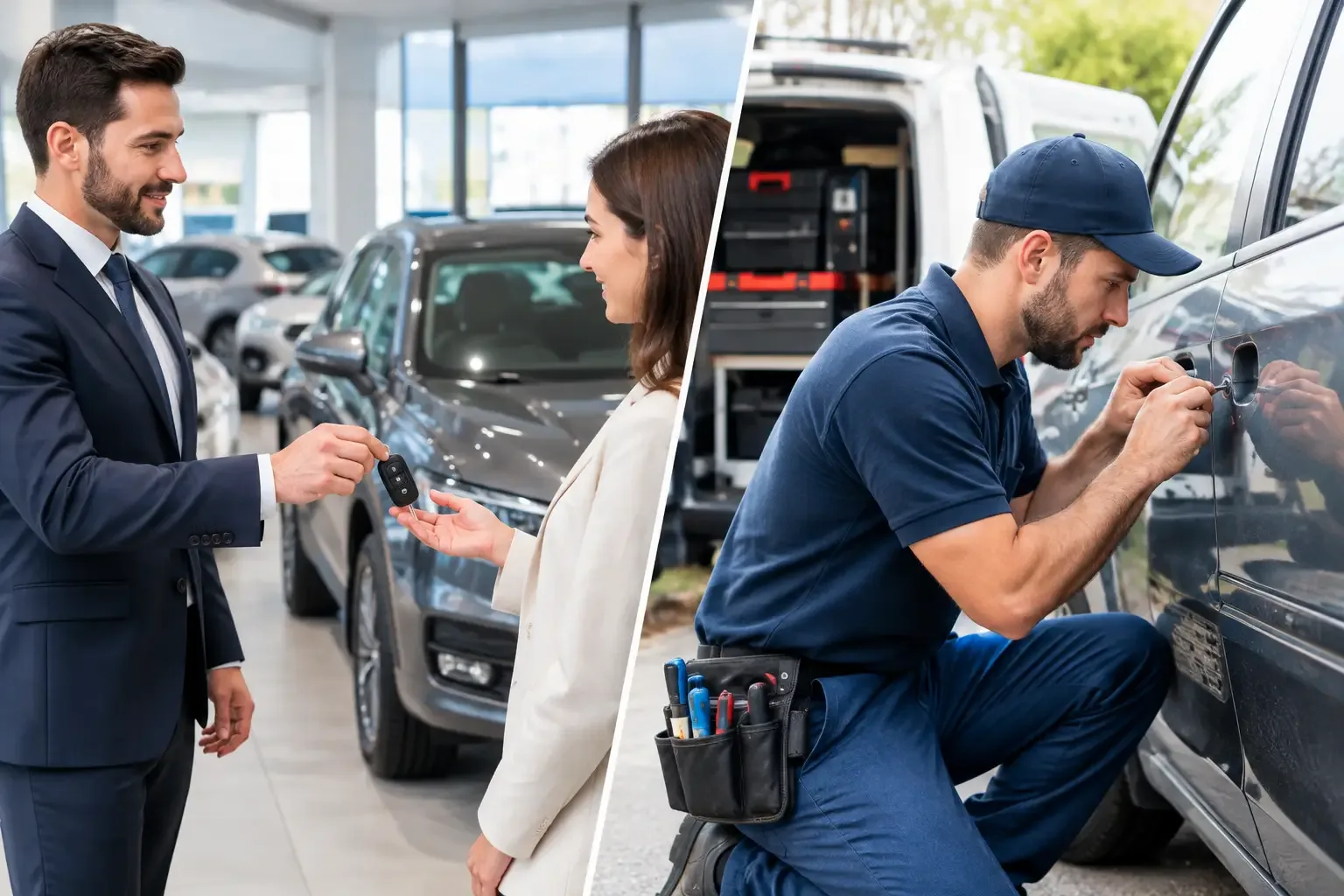 Split image of a dealership salesman handing over a car key fob and a mobile locksmith unlocking a car door at the curb