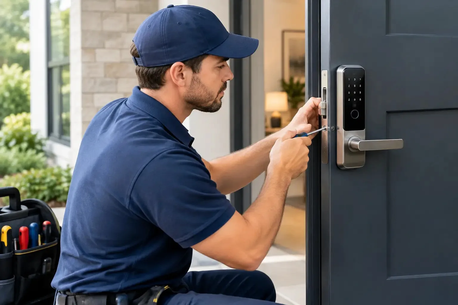 Locksmith in a navy cap and polo installing a keypad smart lock on a dark blue front door, tool bag nearby