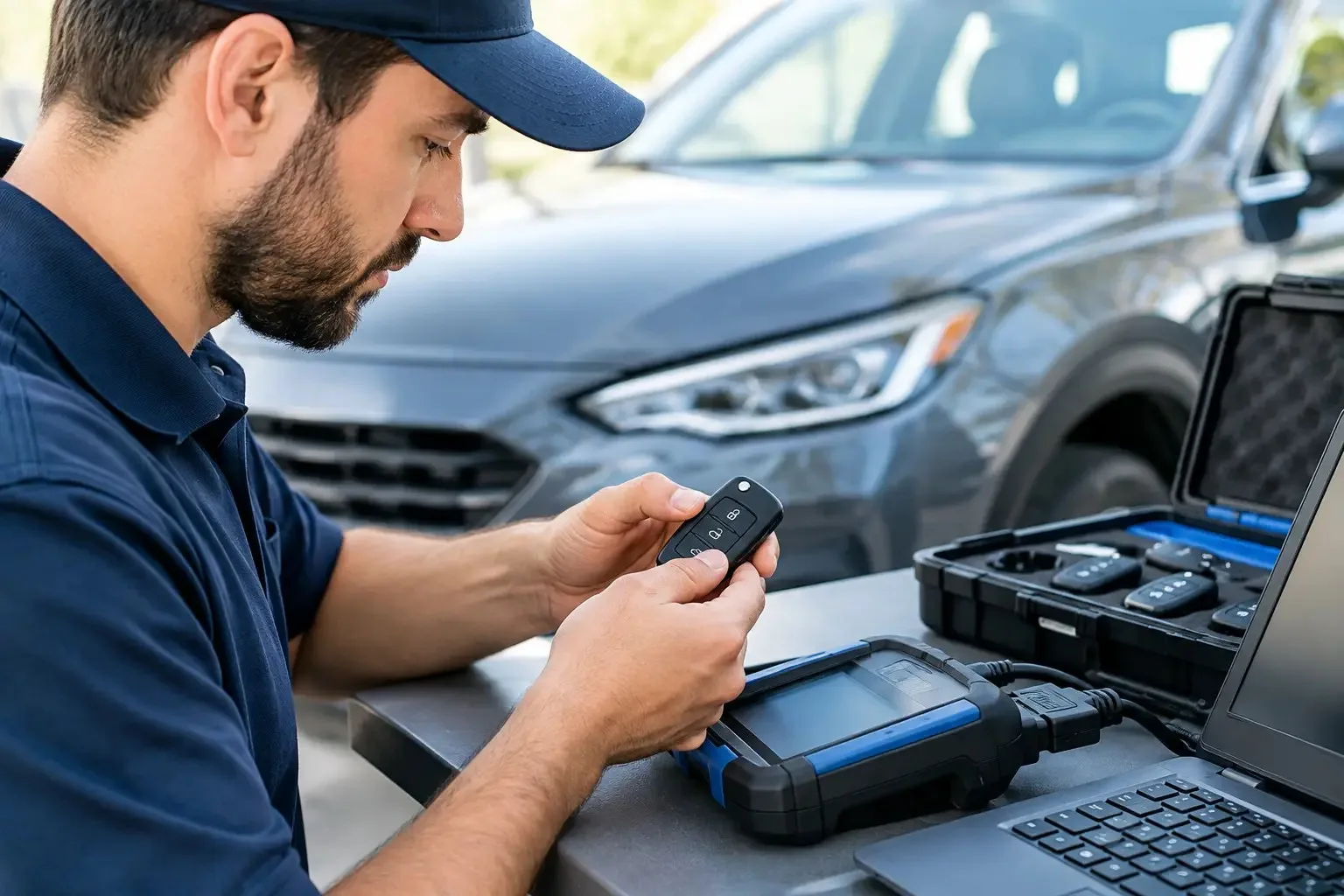 Mobile locksmith holding a flip key fob beside a diagnostic programmer and laptop while programming a replacement car key