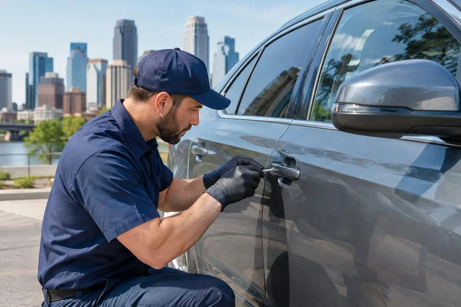 Locksmith in a navy uniform and black gloves unlocking a gray car door during a car lockout, Minneapolis skyline behind