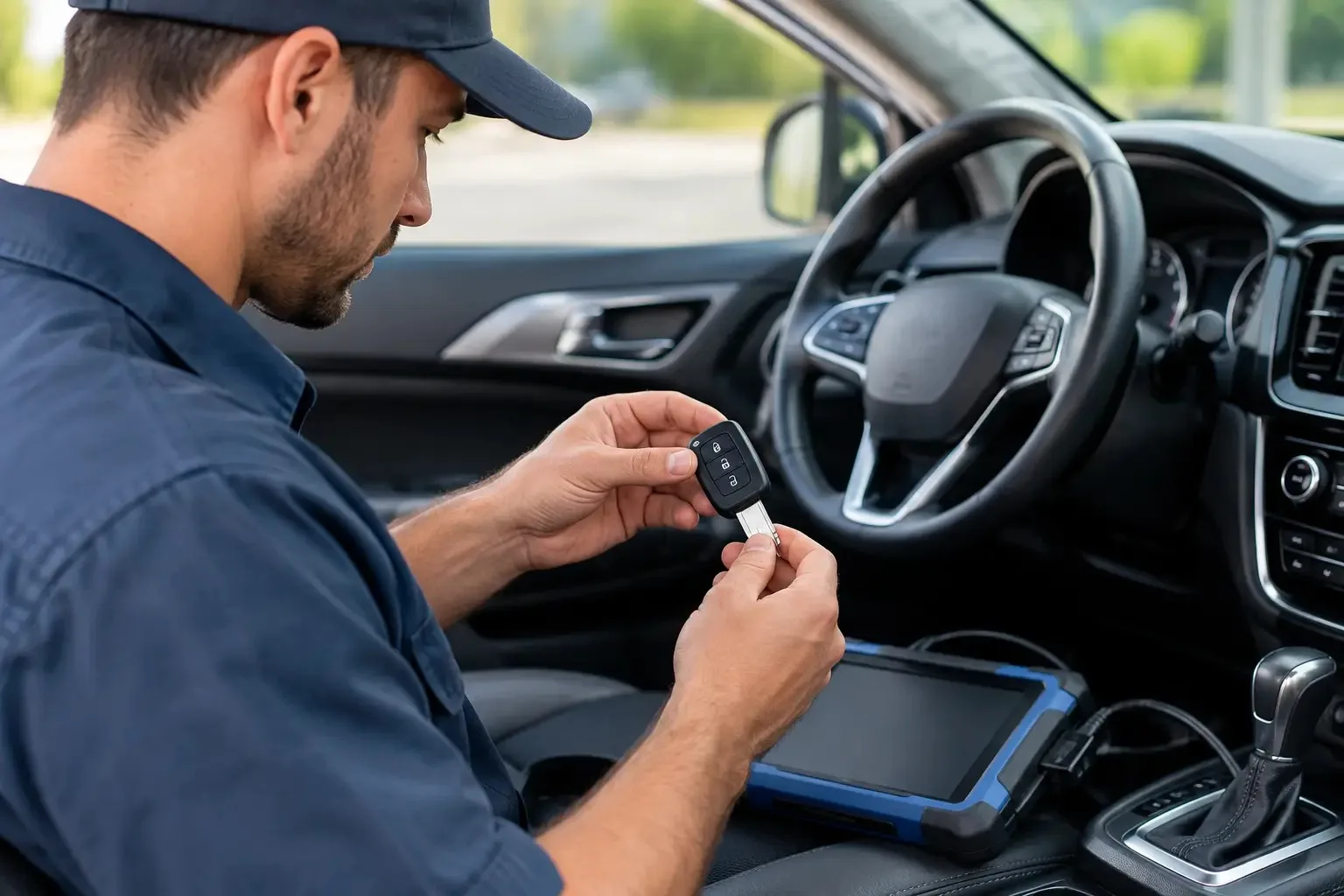 Locksmith programming a flip-style transponder key inside a car, with a diagnostic tablet connected to the vehicle on the seat
