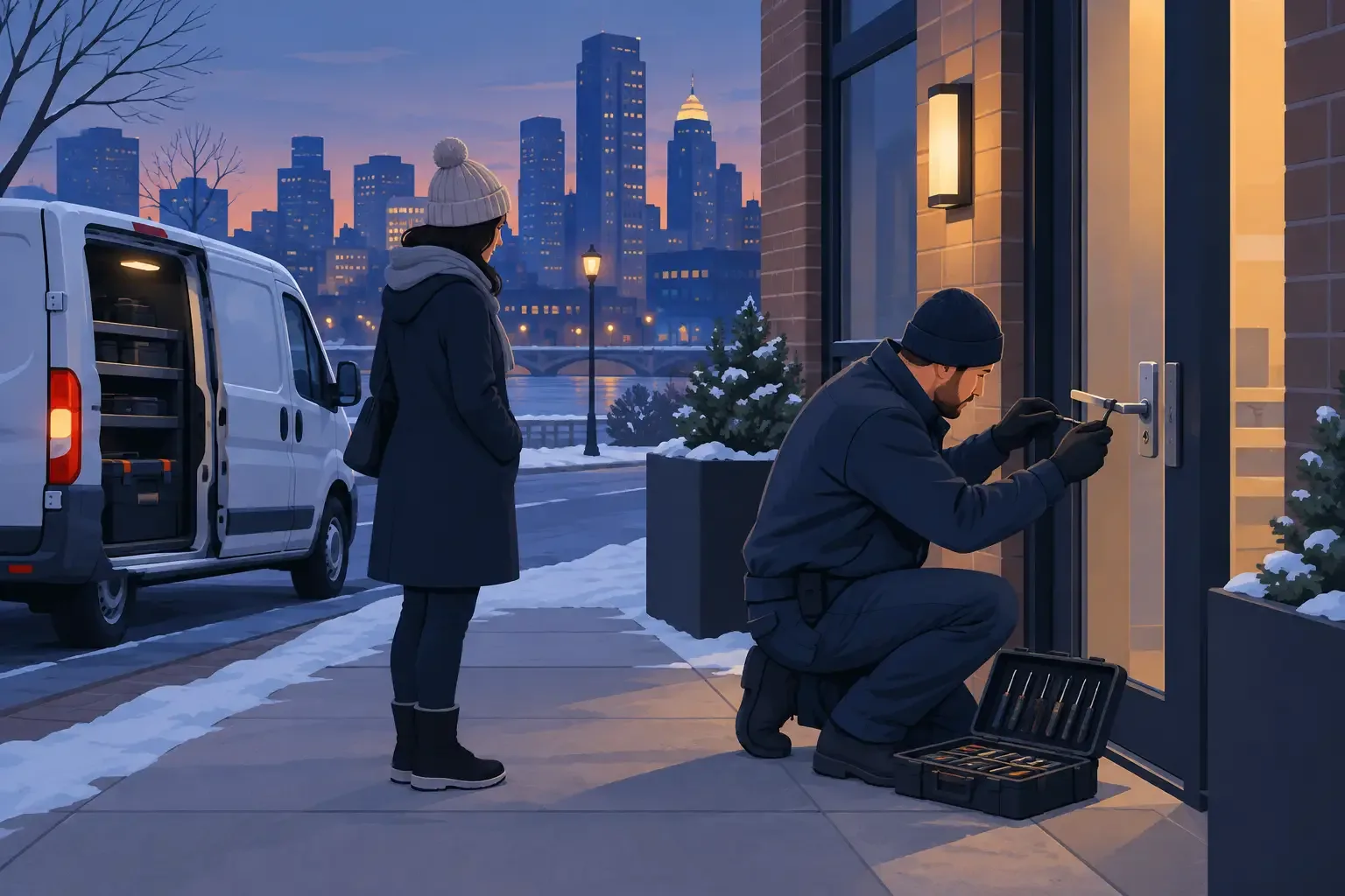 Mobile locksmith opening a door for a waiting customer at dusk in Minneapolis, with a service van parked at the curb
