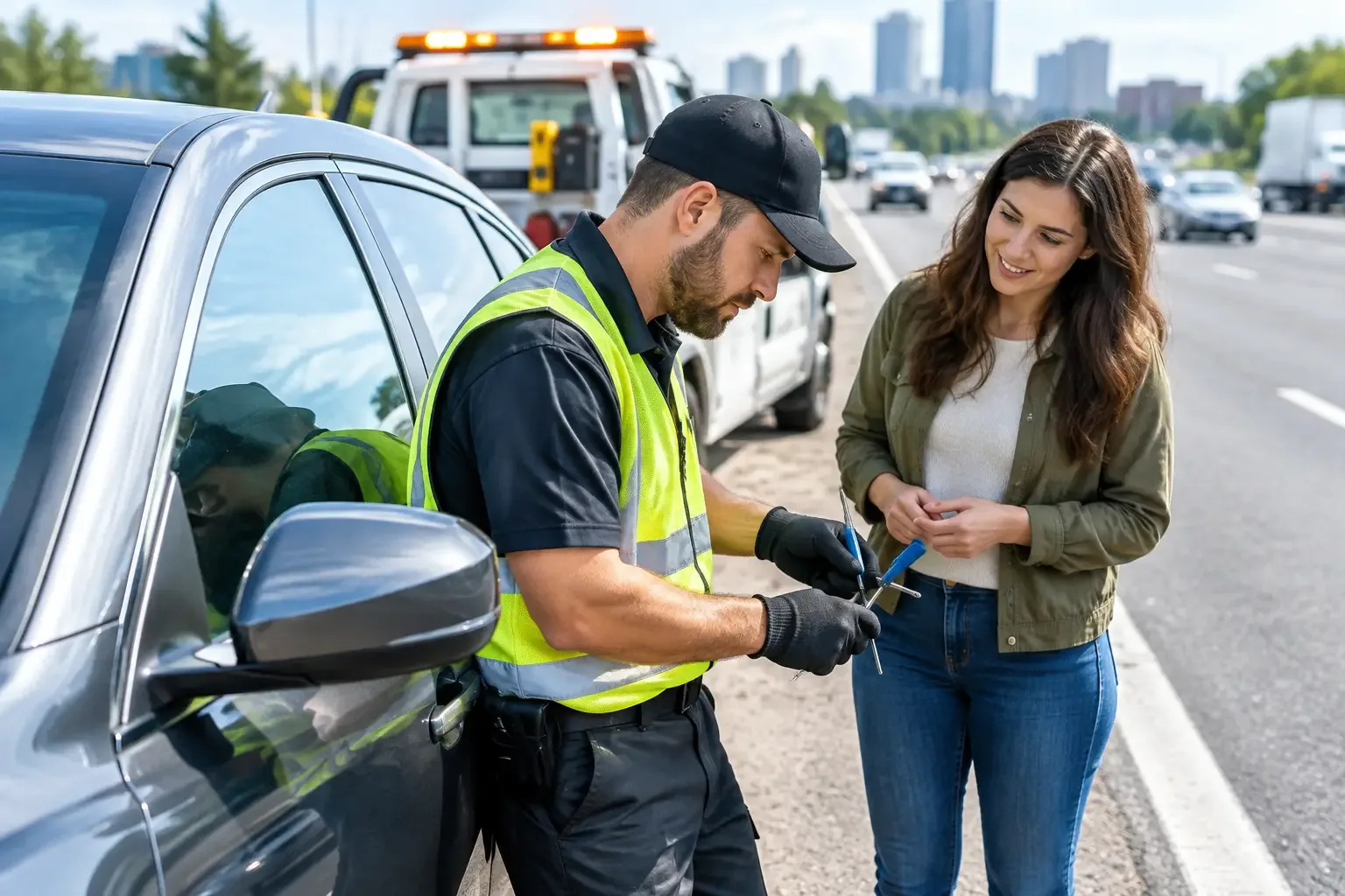 Locksmith in a high-visibility vest unlocking a car door for a stranded driver beside a Minneapolis highway
