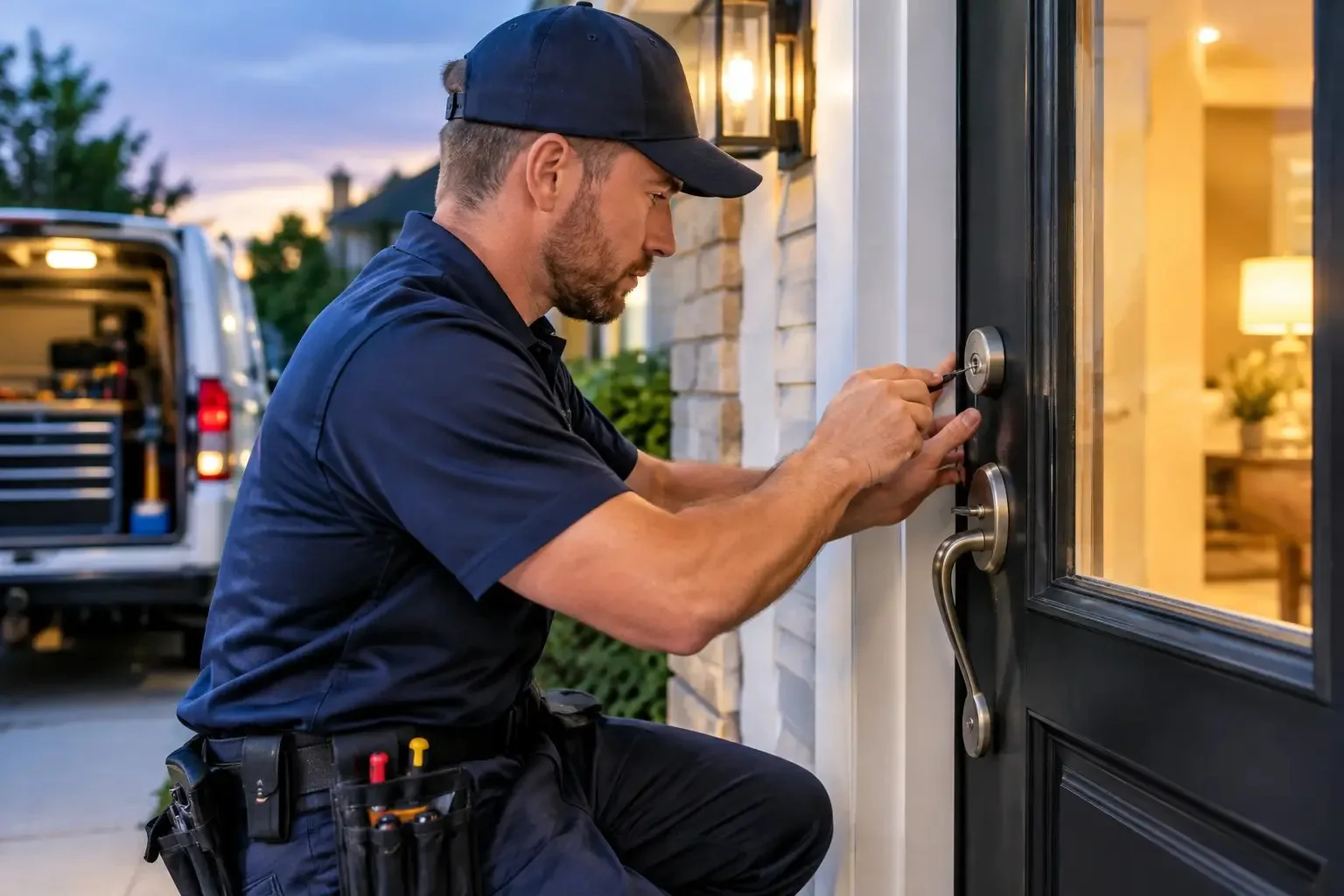 Locksmith in a navy uniform picking a deadbolt on a dark front door at dusk during a house lockout, service van behind