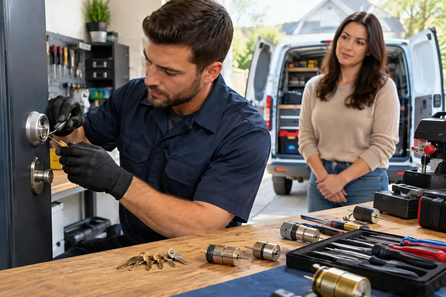 Locksmith in gloves removing a broken key from a deadbolt as a homeowner watches, with a service van and key tools nearby