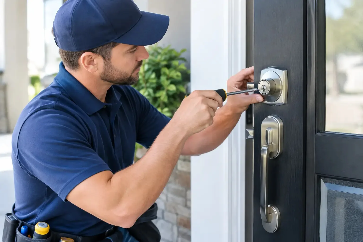 Locksmith using a screwdriver to install a brushed nickel deadbolt above a matching handleset on a black front door