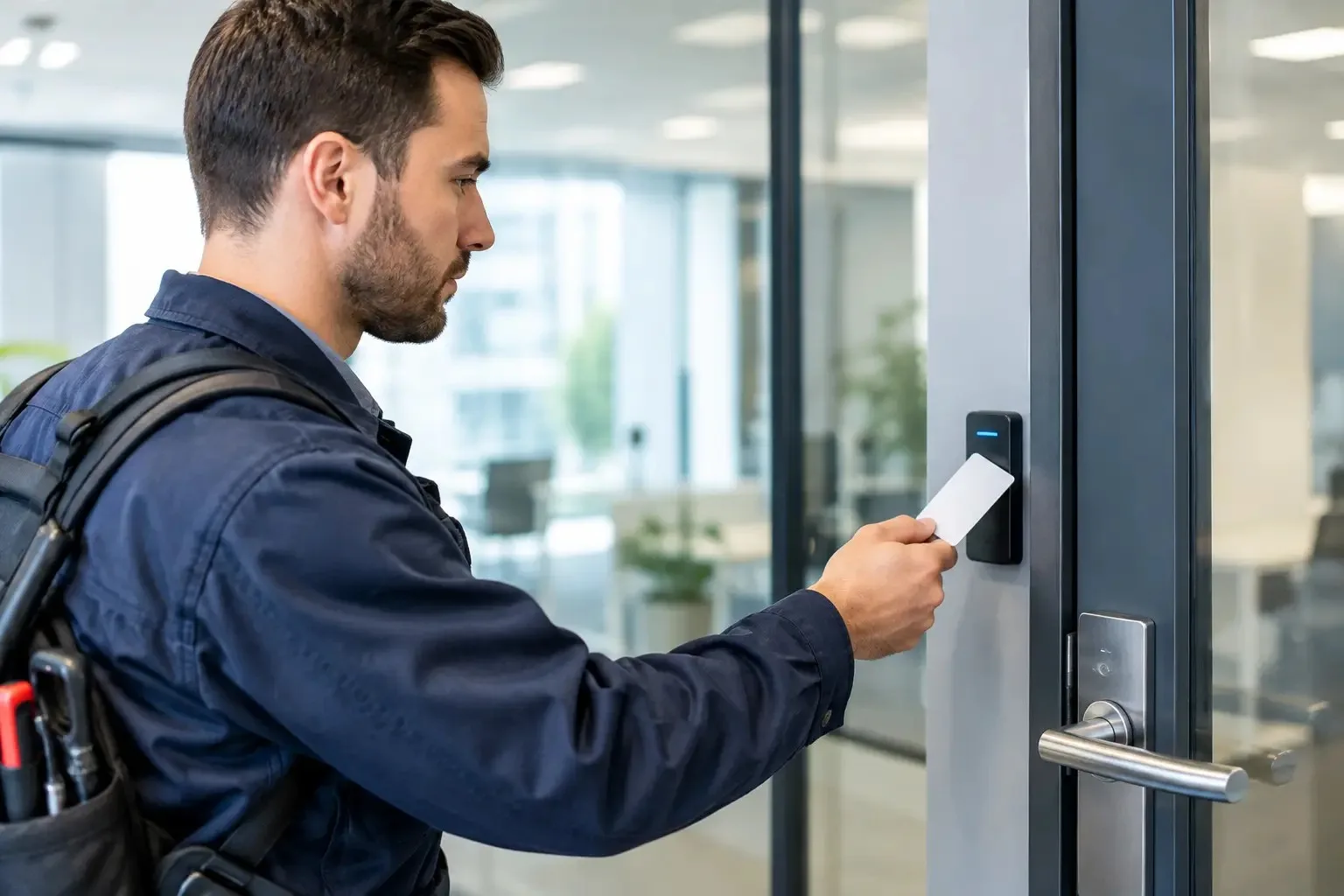 Locksmith in a navy work jacket holding a keycard to an access control reader beside a glass office door with a steel lever handle
