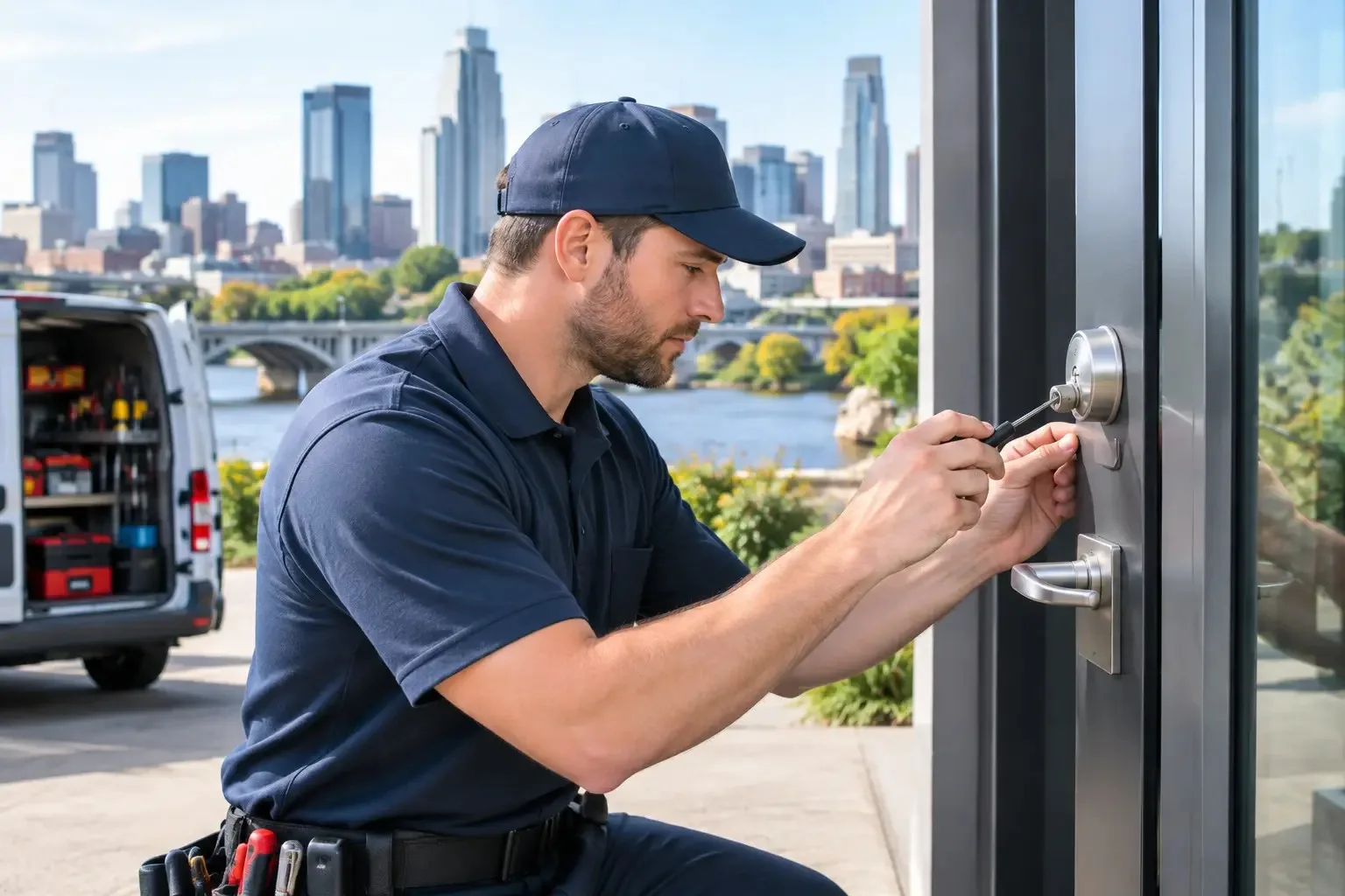 Locksmith working on a deadbolt at a commercial door, with a stocked service van and a river and downtown skyline behind