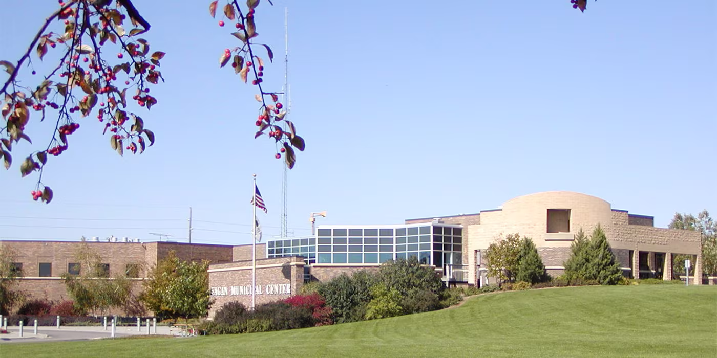The Eagan, Minnesota City Hall building exterior with landscaped grounds.