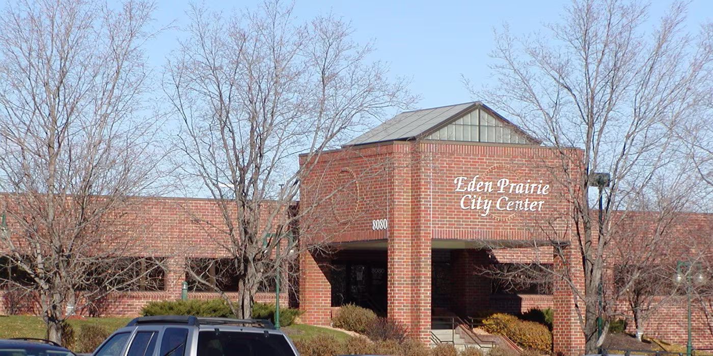 Eden Prairie, Minnesota City Hall building exterior with landscaped entrance.