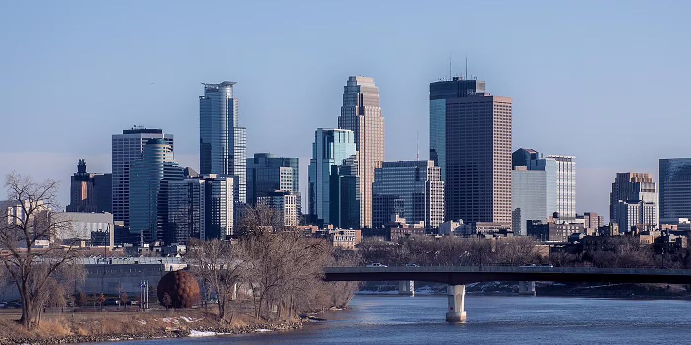 The Minneapolis, Minnesota skyline viewed looking south over the city.