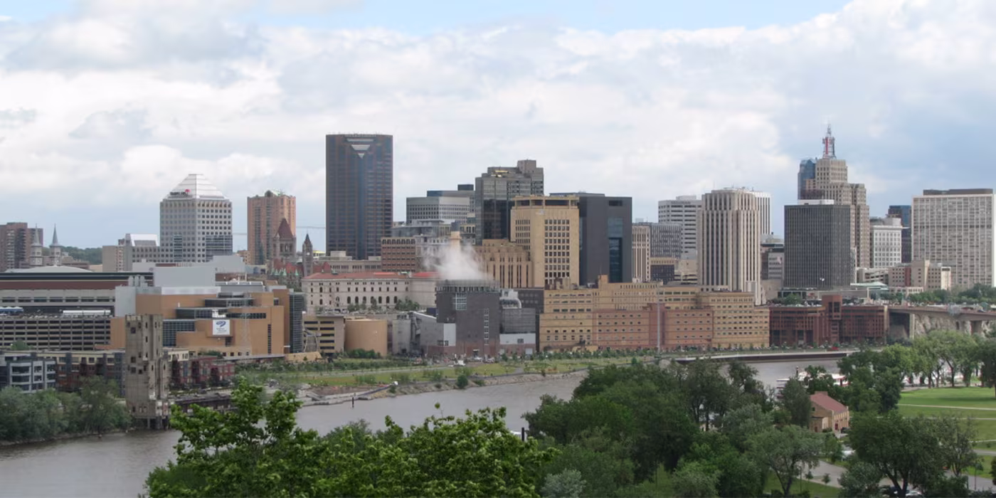 The St Paul, Minnesota skyline viewed from the West Side neighborhood across the Mississippi River.