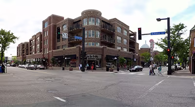 The upscale 50th and France shopping and dining district in Edina, Minnesota, featuring brick architecture.