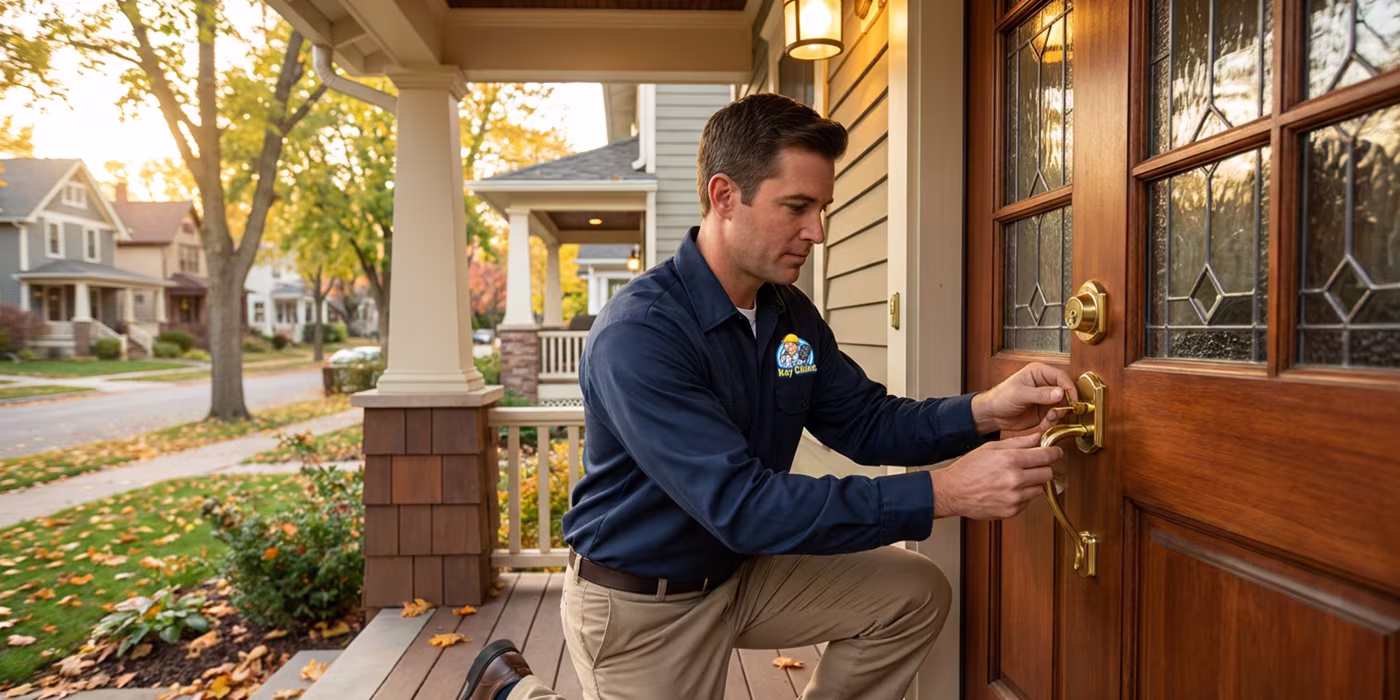 Residential locksmith installing deadbolt lock on Minneapolis home front door