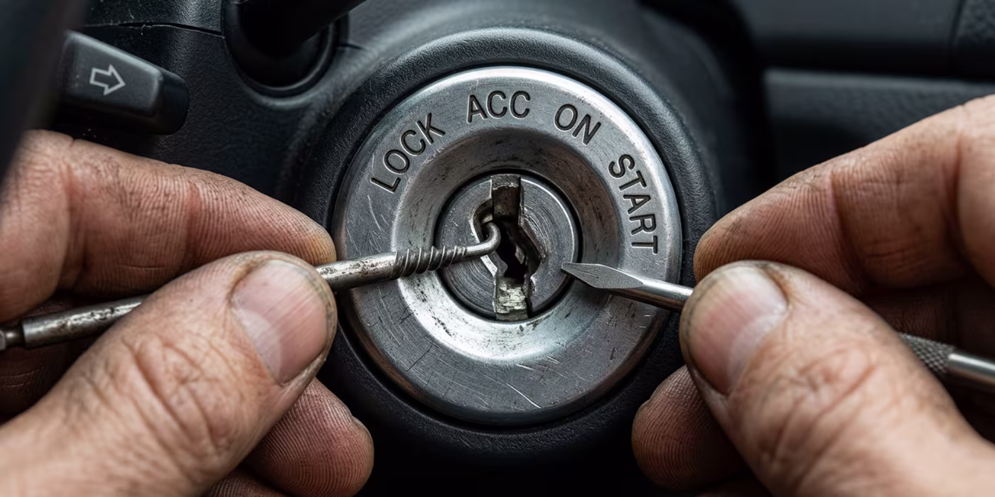 Locksmith using extraction tools to remove a broken key from a car lock in Minneapolis