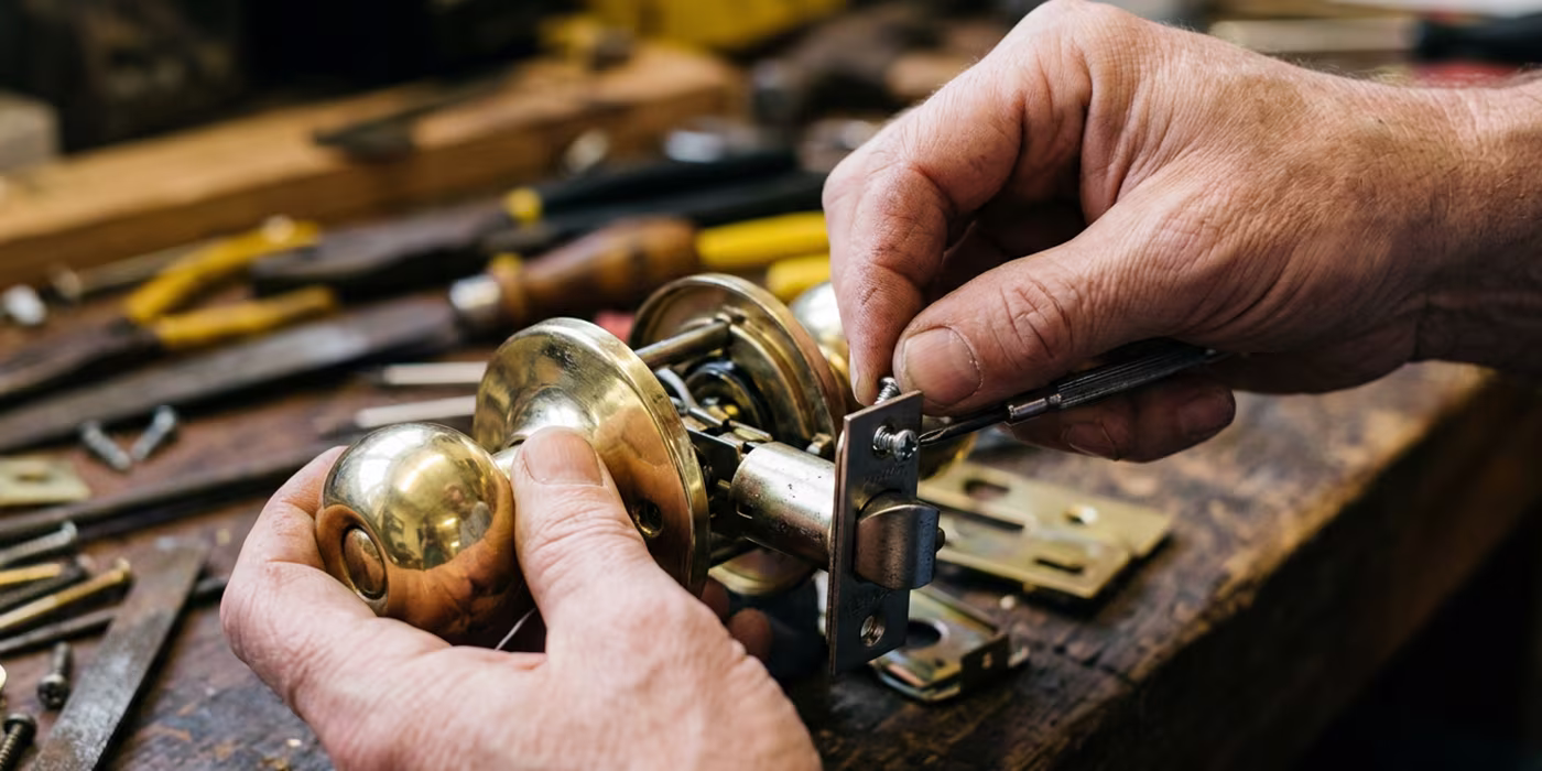 Locksmith repairing a residential door lock in Minneapolis