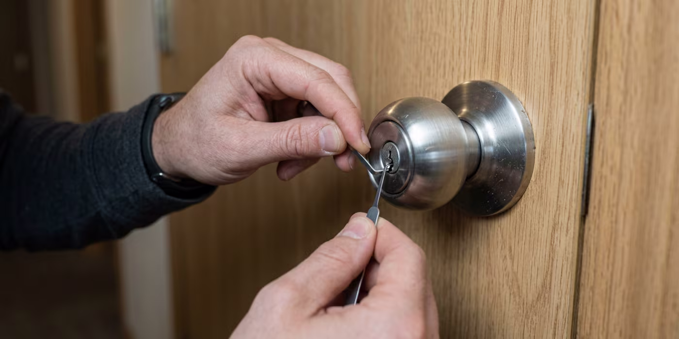 Residential locksmith unlocking a home front door in Minneapolis