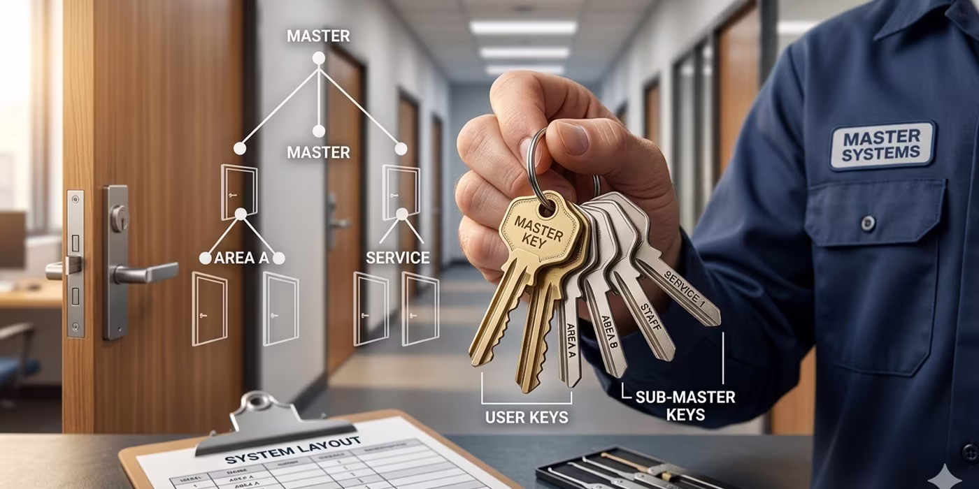 Locksmith designing a master key system for a commercial building in Minneapolis